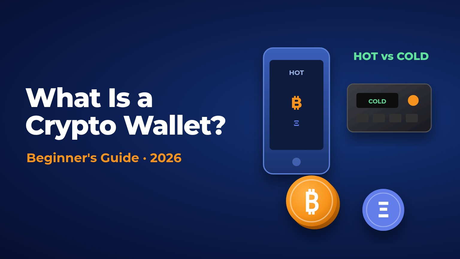 Crypto wallet guide: phone and hardware wallet with bitcoin and ethereum icons