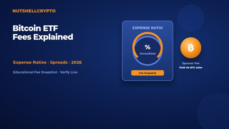 Bitcoin ETF fees and expense ratios explained: percentage dial and bitcoin coin icons on dark blue NutshellCrypto branded background