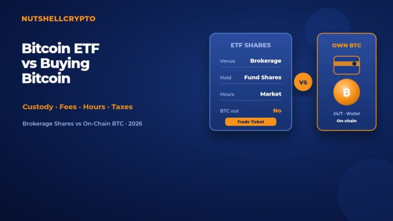 Bitcoin ETF vs buying Bitcoin comparison: brokerage trade ticket beside bitcoin coin and wallet icons on dark blue NutshellCrypto branded background