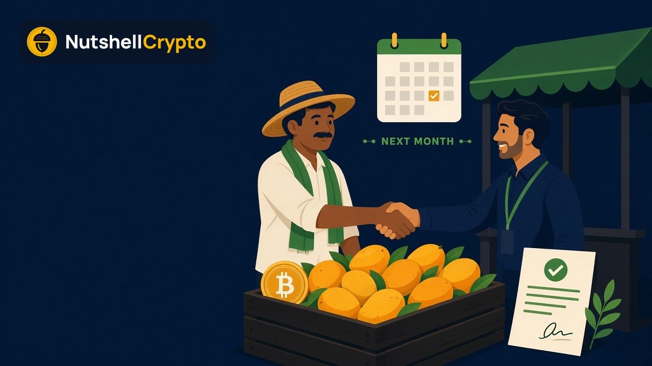 Mango farmer and buyer shaking hands on a deal for next month beside a crate of mangoes and a Bitcoin coin, crypto futures explained, NutshellCrypto logo