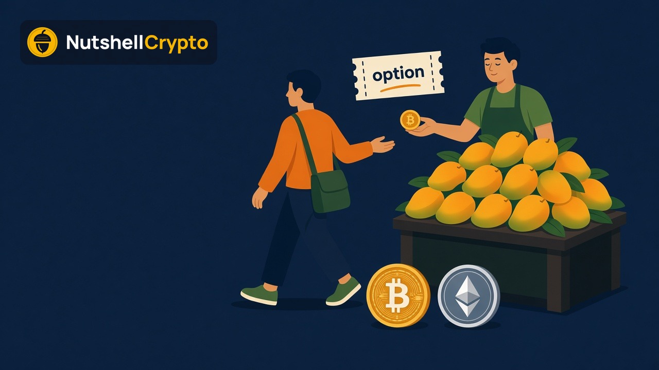 Buyer paying a small fee for an option ticket at a mango stall with Bitcoin and Ether coins, crypto options explained, NutshellCrypto logo