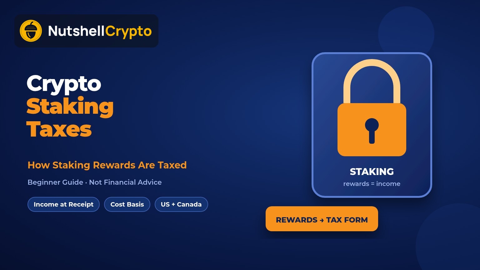 Crypto staking taxes explained, how staking rewards are taxed in the US and Canada, NutshellCrypto logo