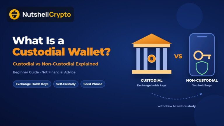 What is a custodial wallet: exchange building holding bitcoin keys versus a non-custodial phone wallet with your own key, NutshellCrypto branded