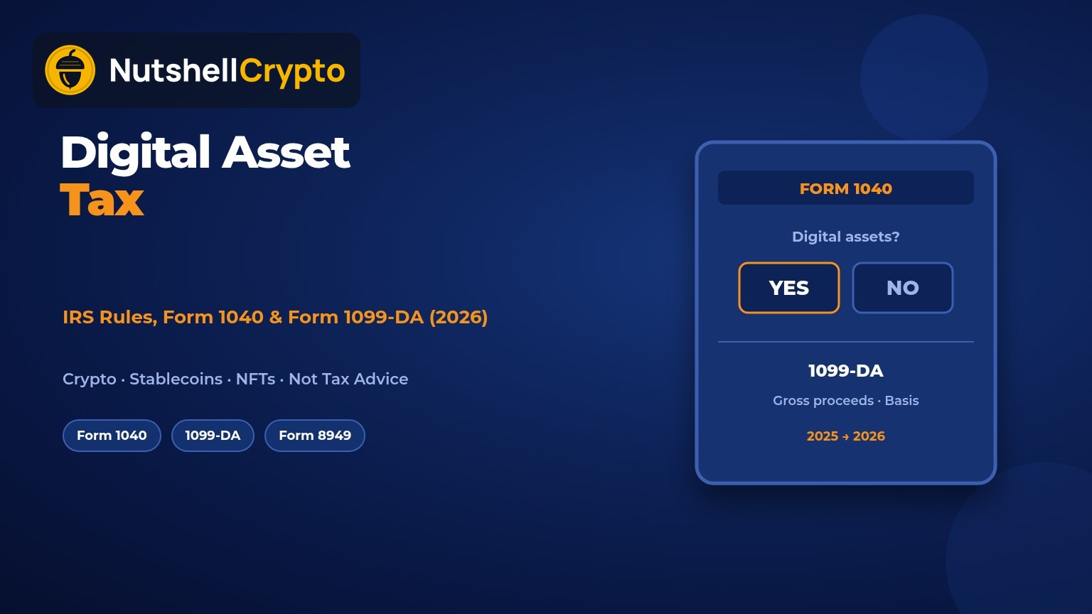 Digital asset tax guide covering IRS Form 1040 question and Form 1099-DA, NutshellCrypto logo