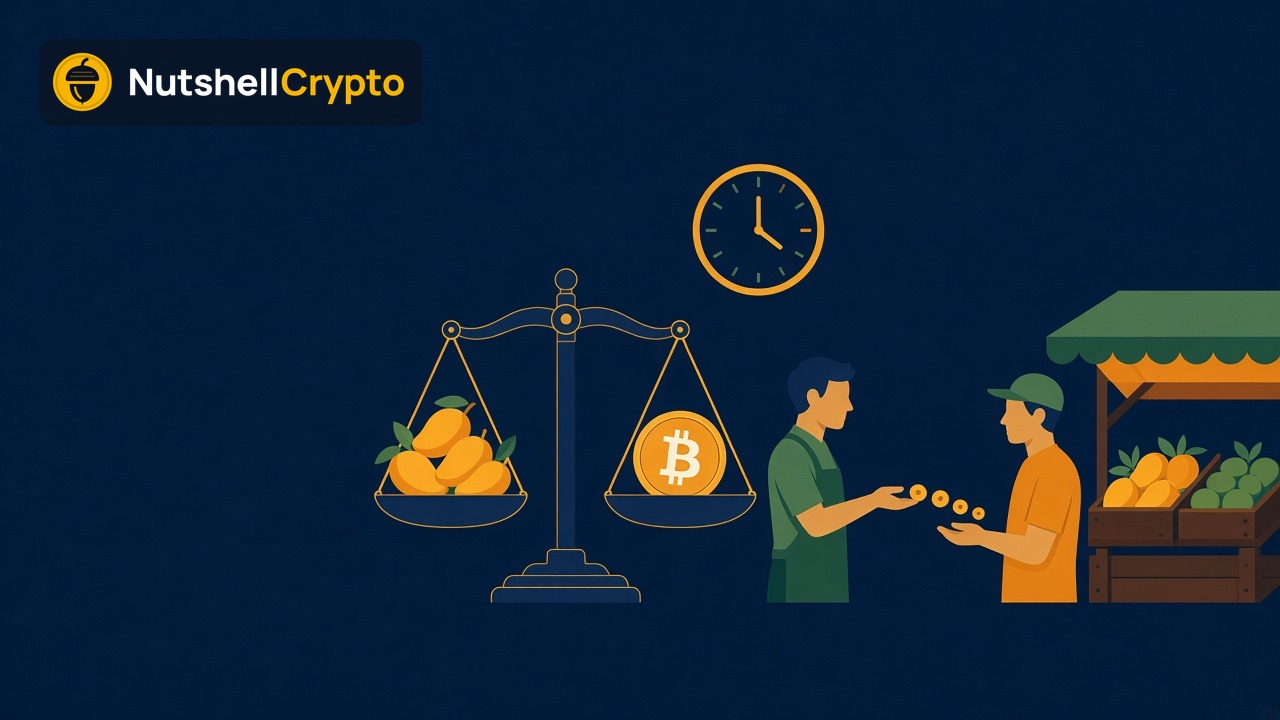 Scale balancing mangoes and a Bitcoin coin while one trader passes small coins to another under a clock, funding rate explained, NutshellCrypto logo