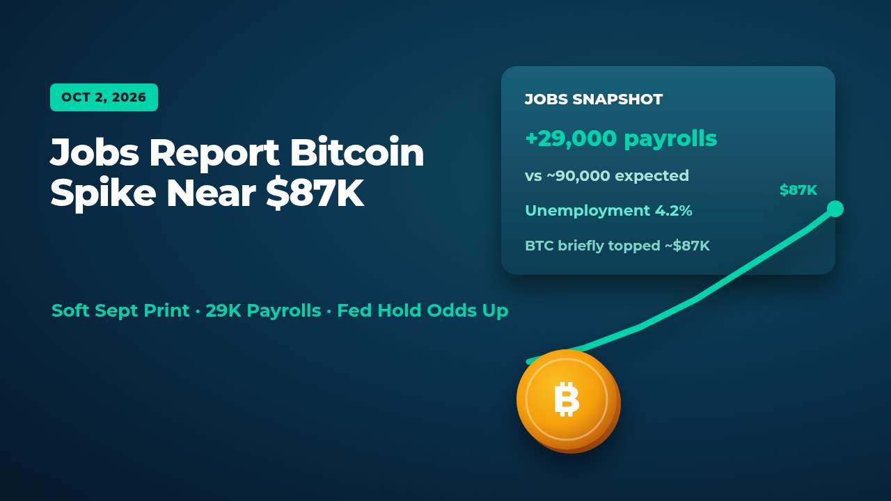 Jobs report bitcoin spike: soft Sept print near $87K badge Oct 2 2026