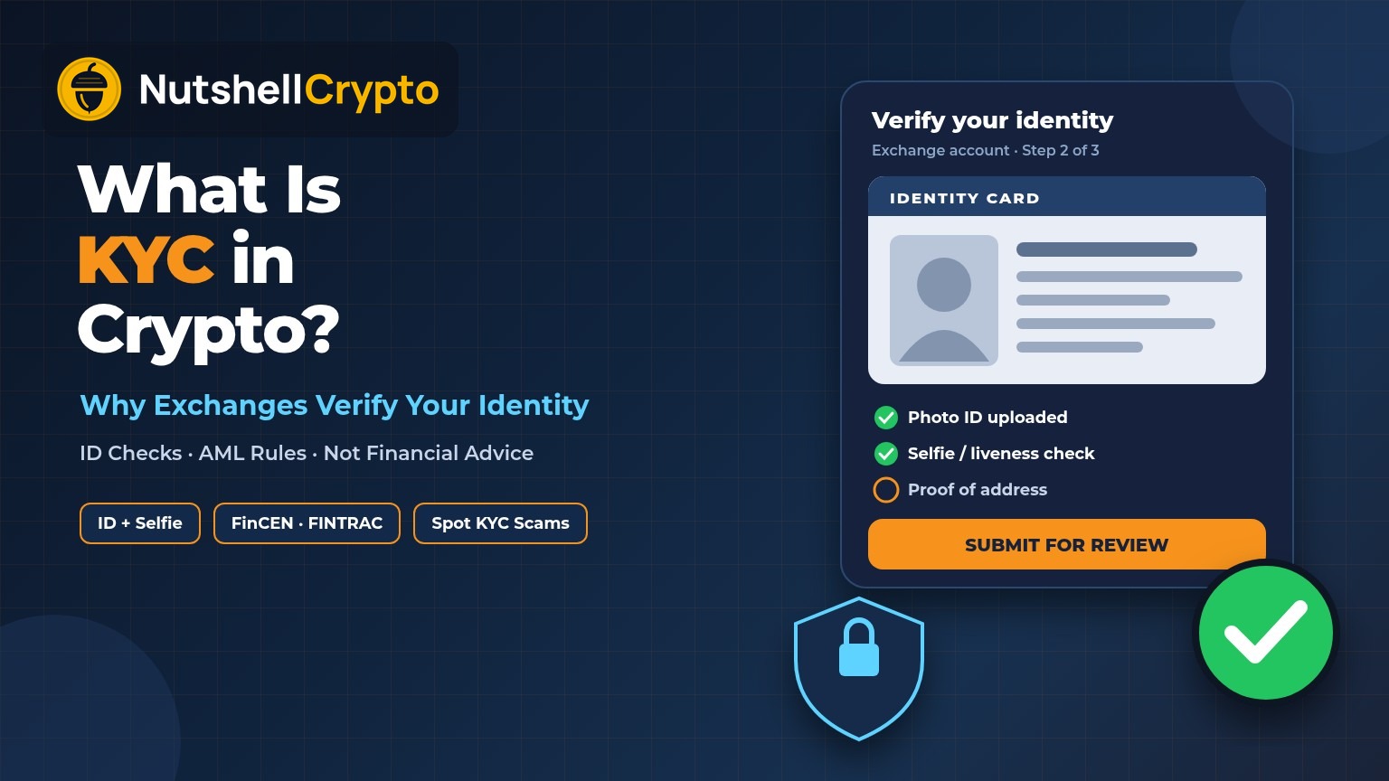 KYC crypto exchange identity verification illustration with an ID card, selfie check and verified account checkmark, NutshellCrypto logo