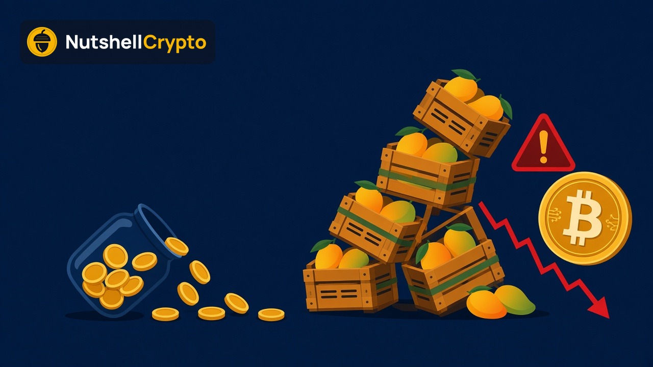 Coin jar spilling its deposit as stacked mango crates topple next to a falling red chart and a Bitcoin coin, liquidation in crypto, NutshellCrypto logo