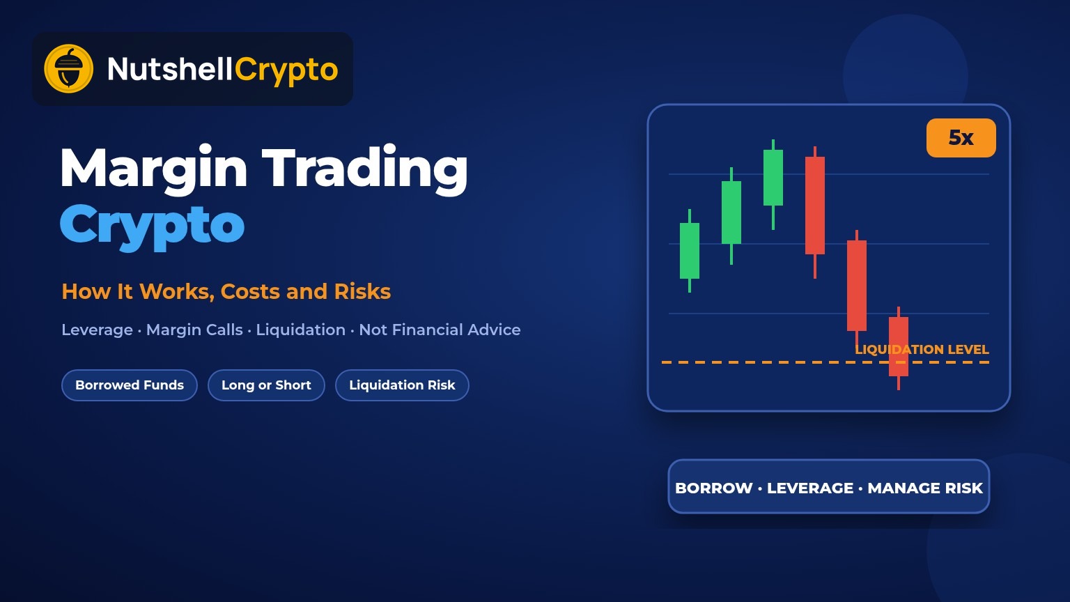 Margin trading crypto guide showing a 5x leveraged candlestick chart falling toward a liquidation level, NutshellCrypto logo