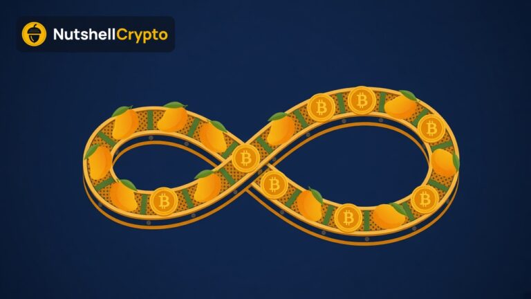 Infinity-shaped conveyor belt carrying mangoes and Bitcoin coins, illustrating perpetual futures with no end date, NutshellCrypto logo