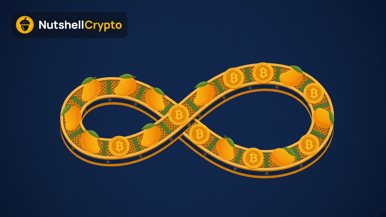 Infinity-shaped conveyor belt carrying mangoes and Bitcoin coins, illustrating perpetual futures with no end date, NutshellCrypto logo