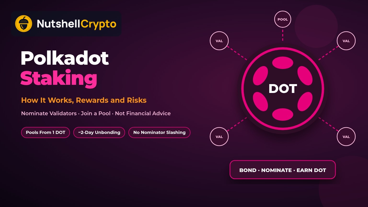 Polkadot staking guide showing DOT bonded and nominated to validators and a nomination pool, NutshellCrypto logo