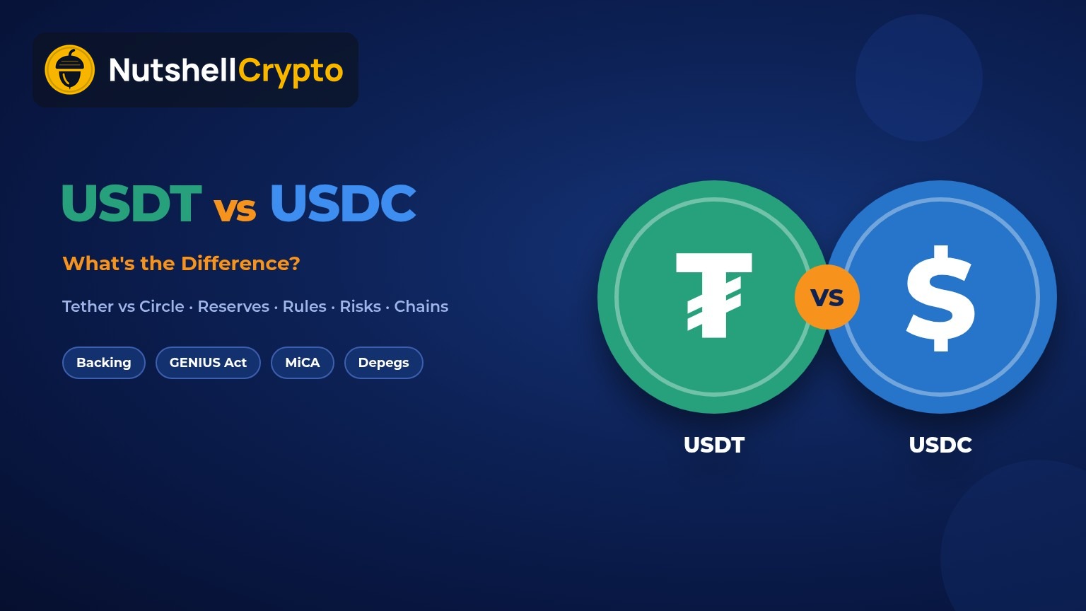 USDT vs USDC comparison, Tether vs Circle stablecoins backing, rules and risks, NutshellCrypto logo