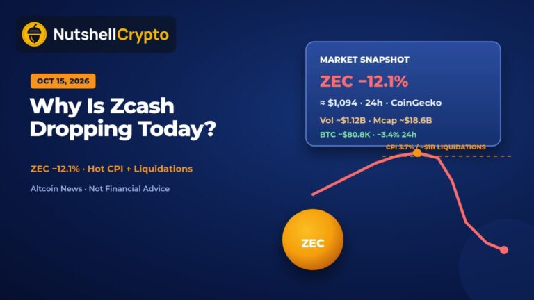 Why is Zcash dropping today: ZEC down about 12.1% to roughly $1,094 on October 15, 2026, falling chart and market snapshot on navy NutshellCrypto branded background